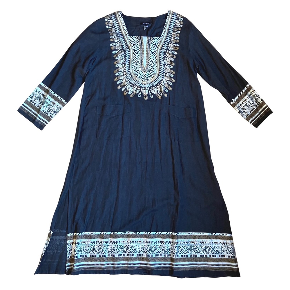 Ashro‎ Black Gold Tribal Cotton Flax Dashiki Midi Dress Long Sleeve Pockets XL